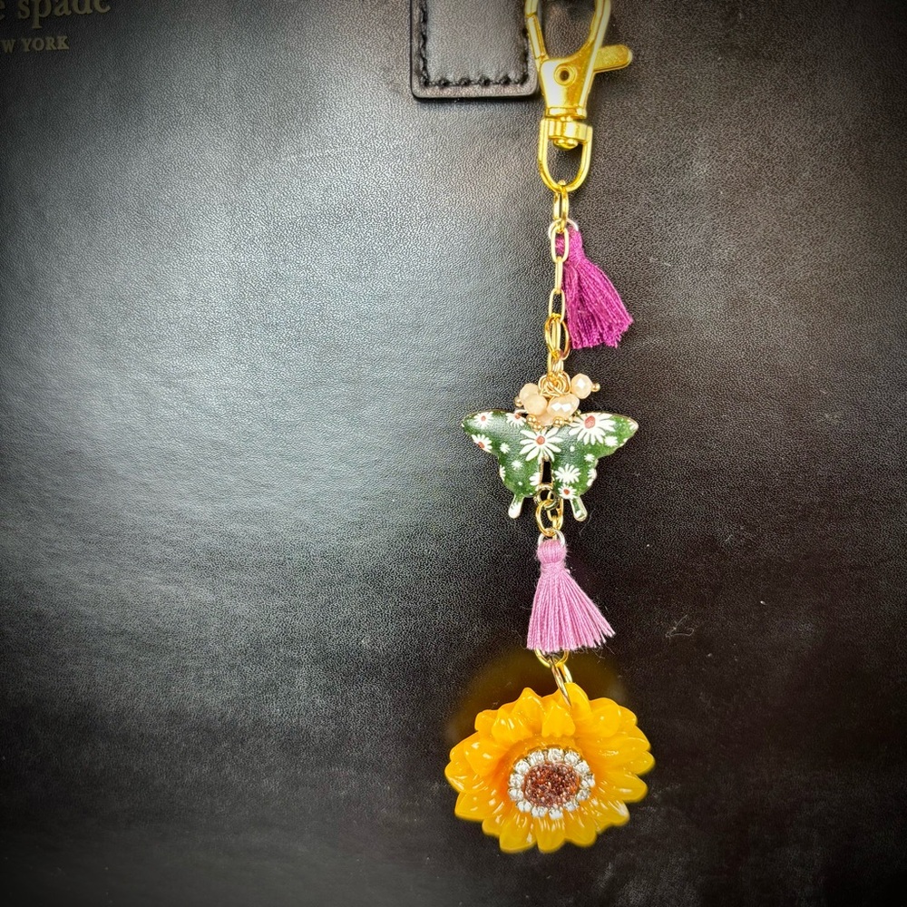 Sunflower‎ & Butterfly Bag Charm Keychain Hand Crafted - Picture 2 of 9